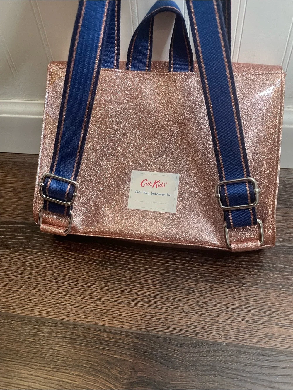 Cath Kidston Rose Gold Pink Glitter Backpack with Navy Adjustable Straps